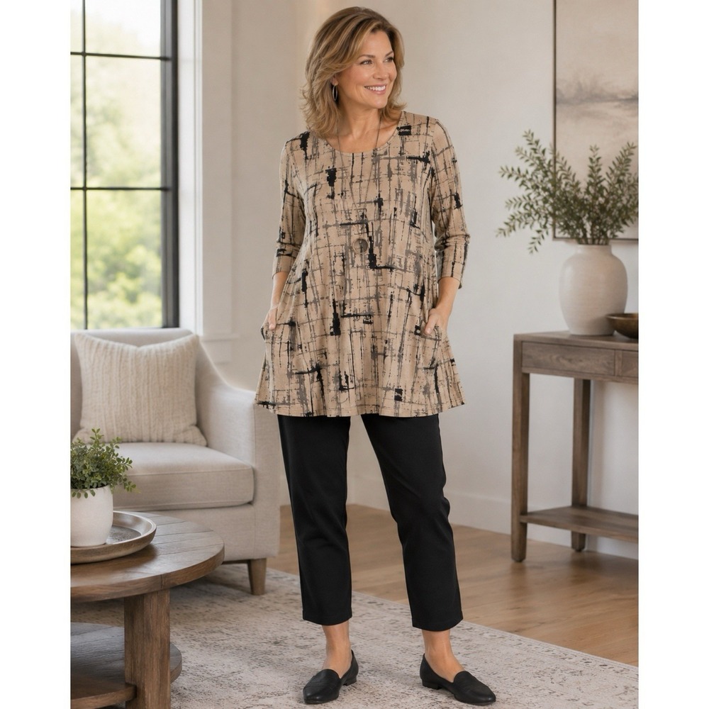 Sympli Size 2X Gray Navy Blue Abstract Print Tunic Top 3/4 Sleeve